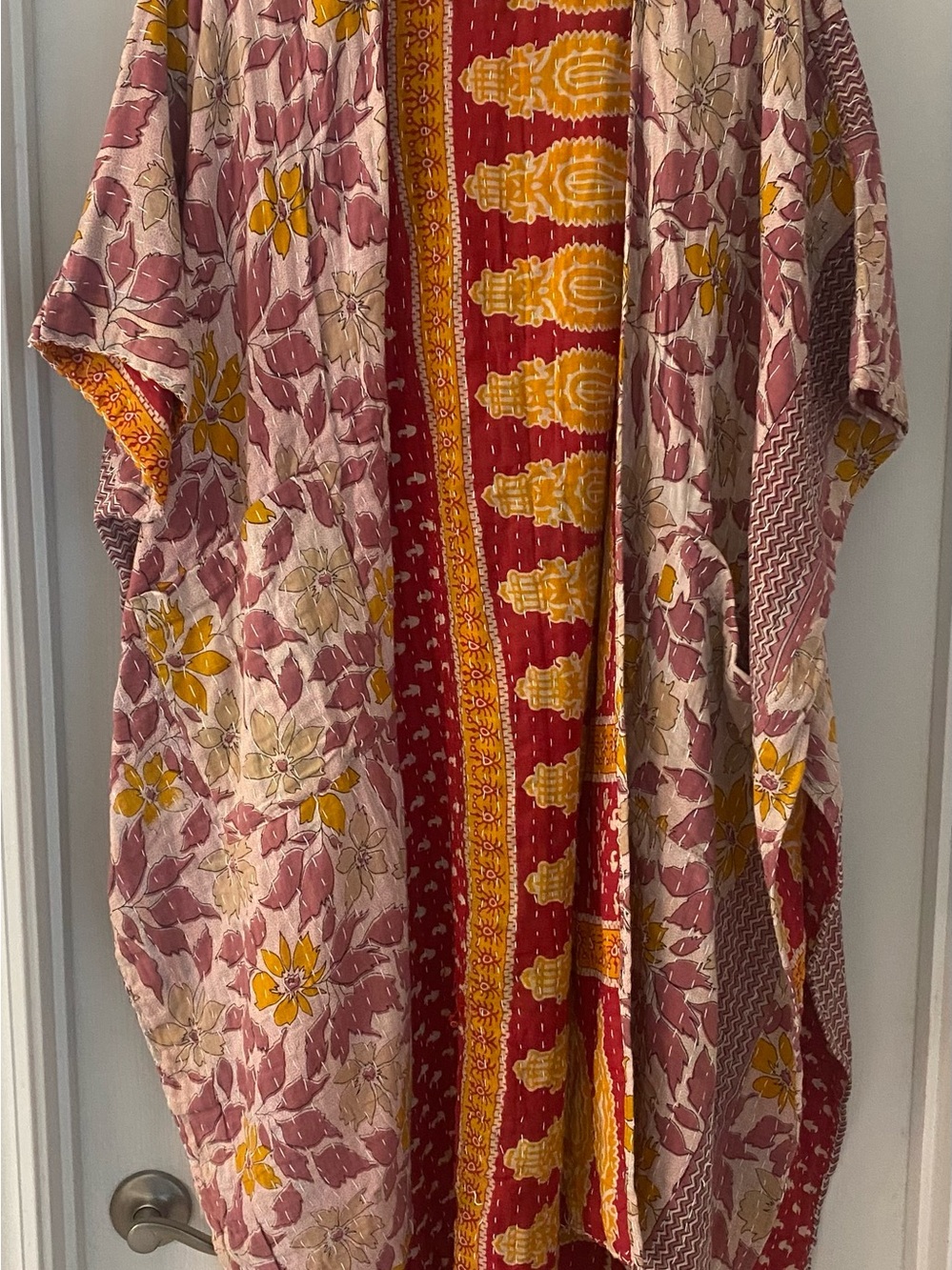 Kantha duster in Pink, Red & Yellow